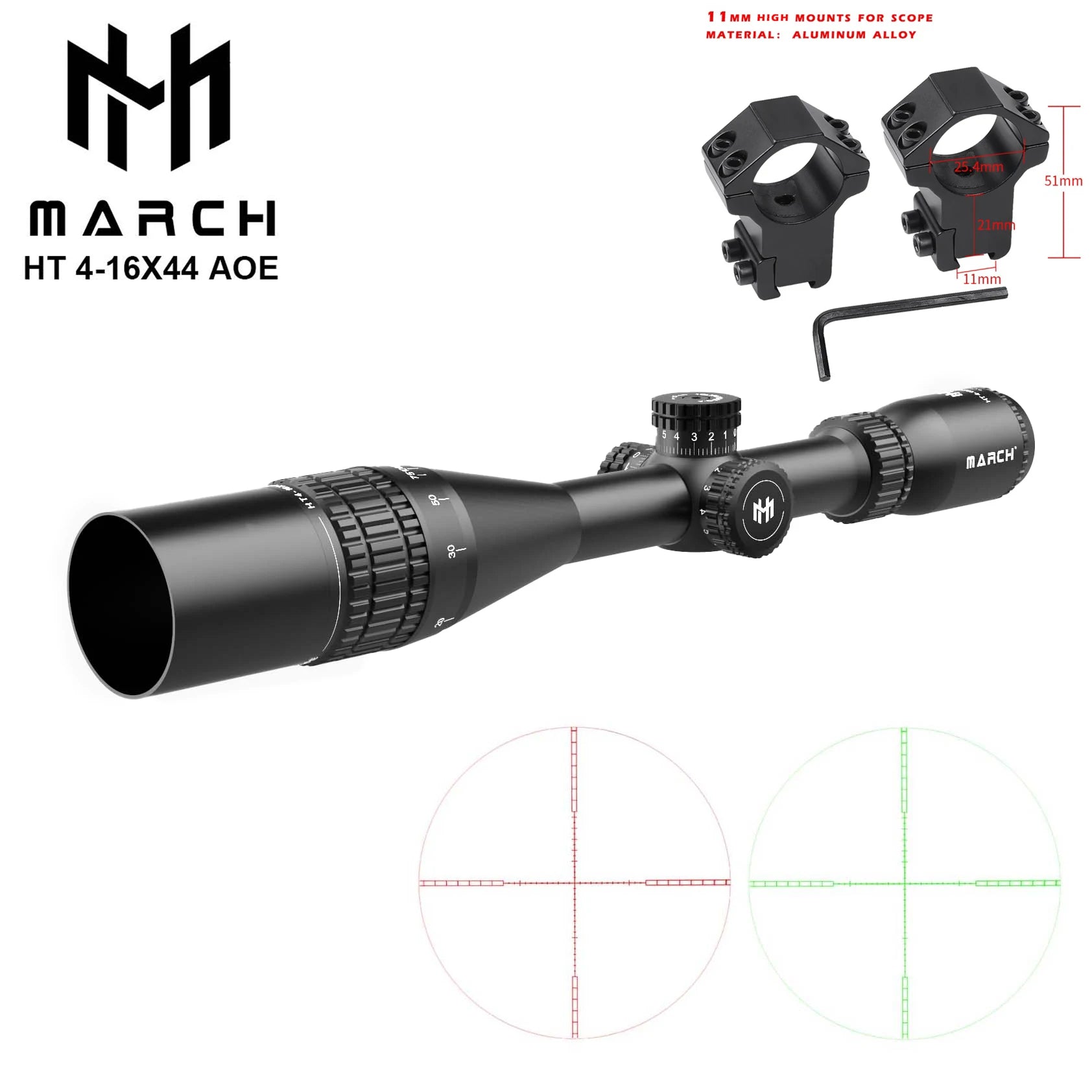 MARCH HT 4-16×44 AOE Tactical Rifle Scope - RGB Illuminated Variable Optic for Precision Hunting