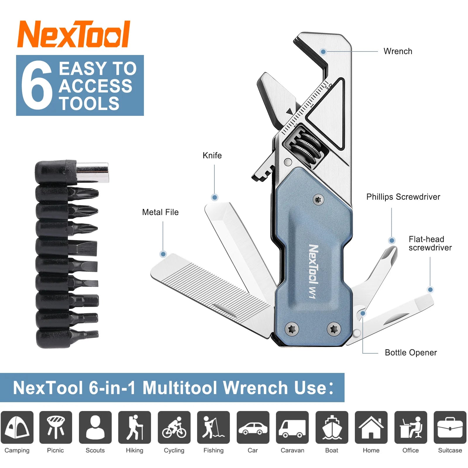 NEXTOOL Adjustable Wrench 6-in-1 EDC Multitool with Knife and Screwdrivers