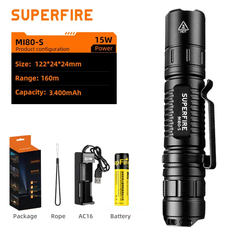 SUPERFIRE MI80-S High Power LED Flashlight – 1100LM Super Bright Portable EDC Torch for Outdoor & Camping