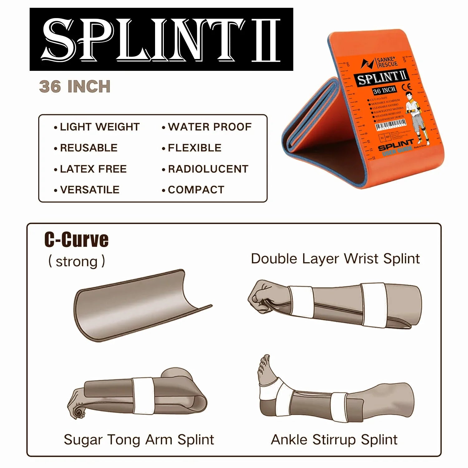 SANKE RESCUE First Aid Splint for Wrist and Thumb Support, 36/18" x 4.3"
