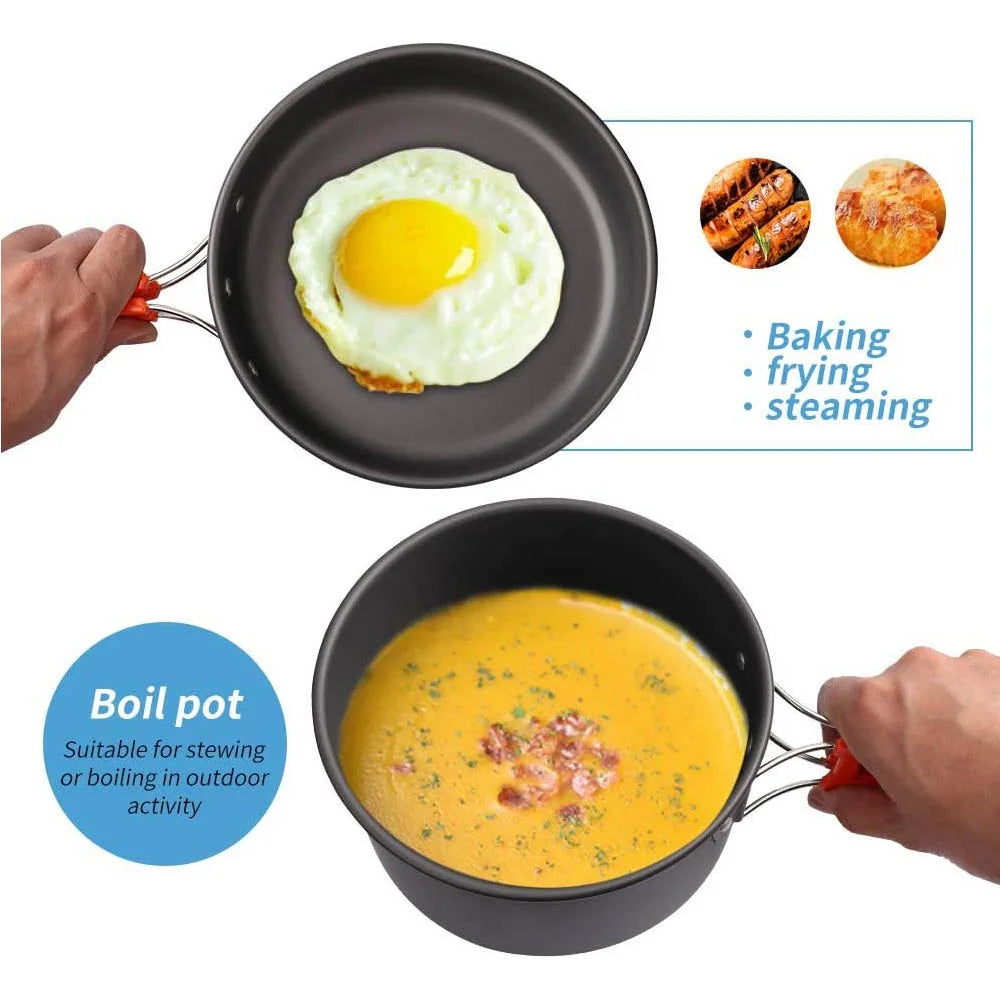 Camping Cookware Set – Non-Stick Pots, Pan & Teapot for 2-3 People, Assorted Set for Hunting