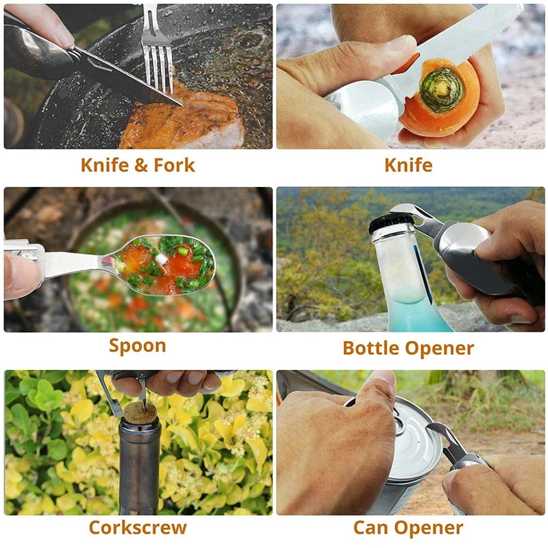 WESTTUNE Folding Camping Cutlery – Multi-Function Portable Knife, Spoon, Fork & Bottle Opener