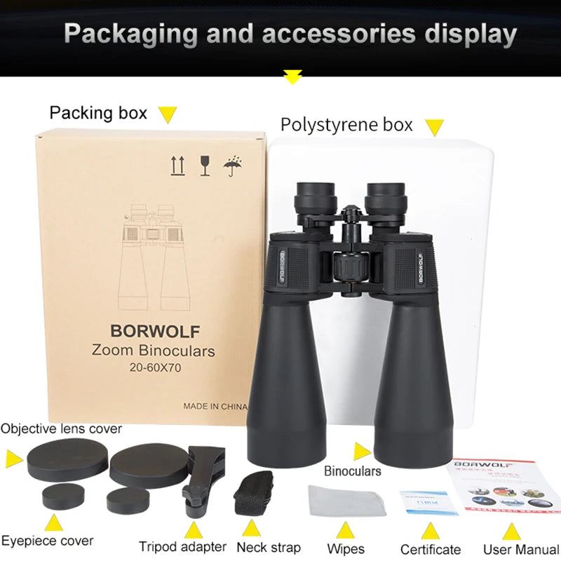 BORWOLF 20-60X70 Binoculars – High Magnification Long Range Zoom