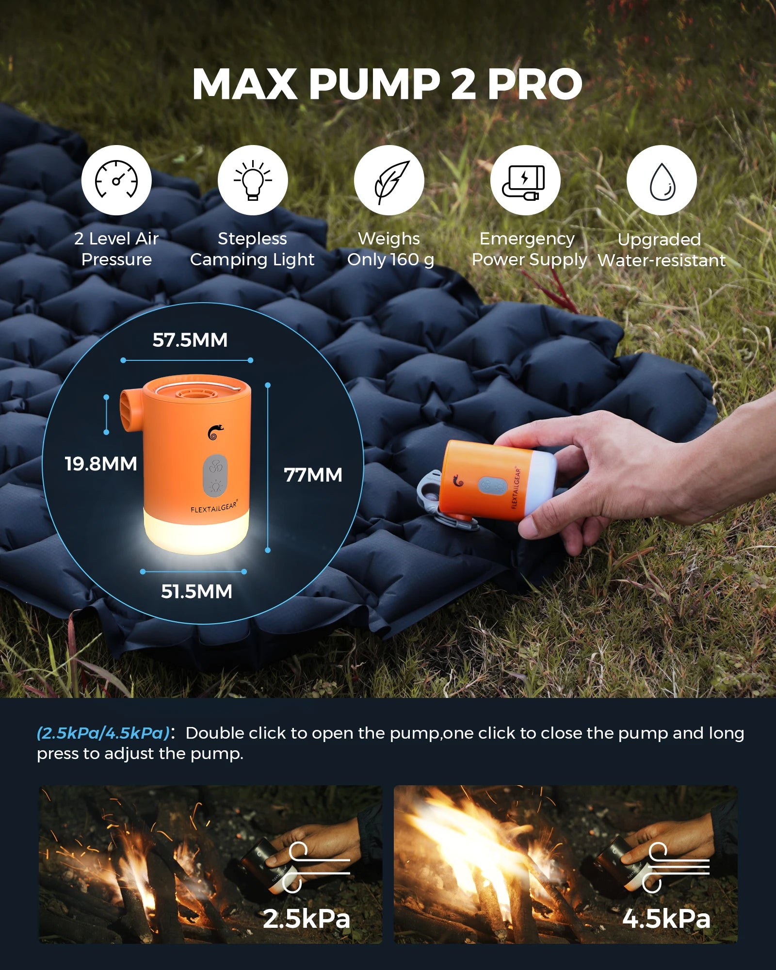 FLEXTAILGEAR Max Pump 2 Pro Portable Air Pump with Light and Power Bank