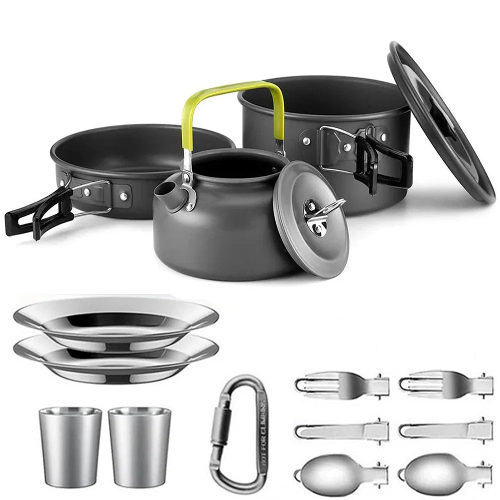 Camping Cookware Set – Non-Stick Pots, Pan & Teapot for 2-3 People, Assorted Set for Hunting