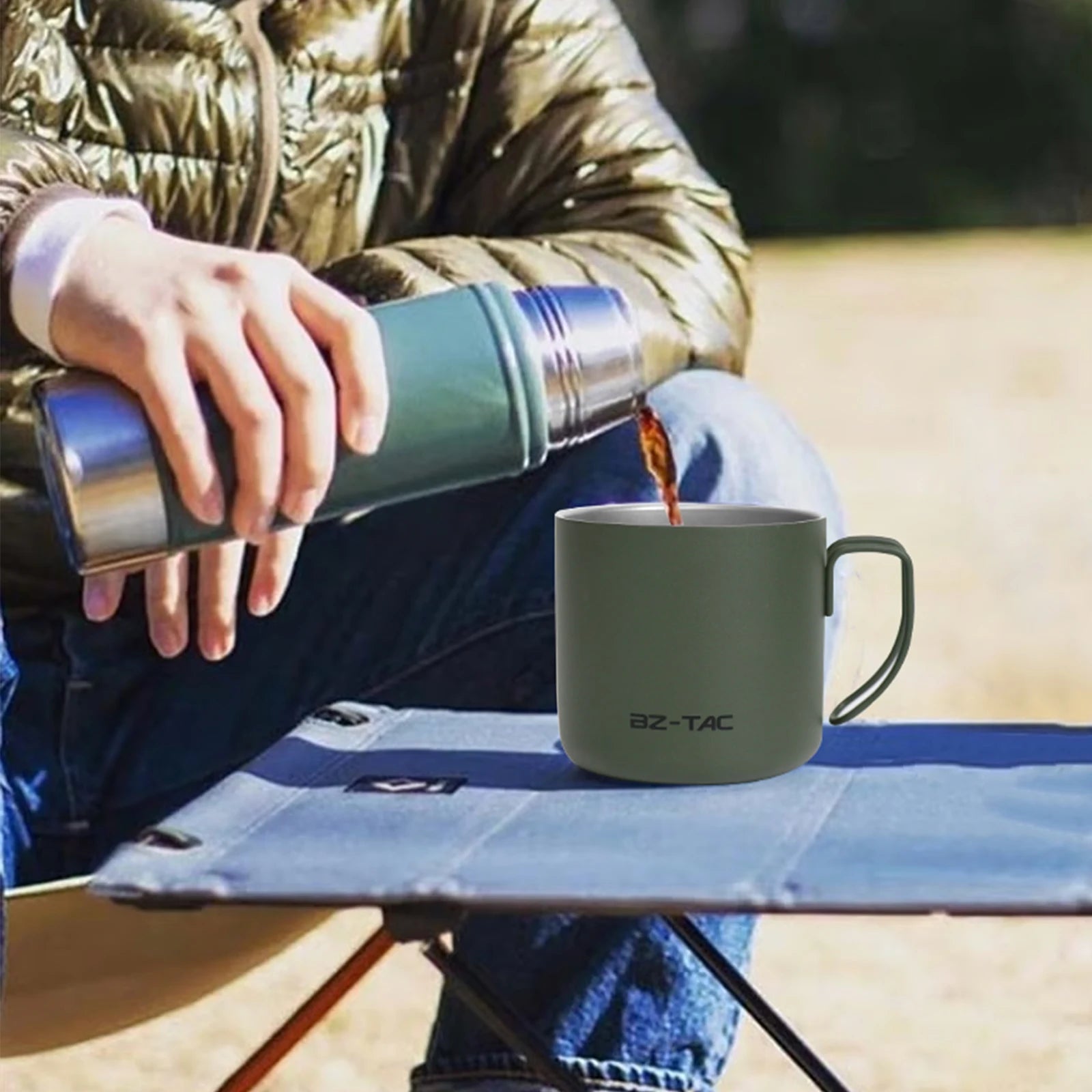 BZTAC Double Wall Coffee Mug – 350/500ml Matte Army Green Stainless Steel Cup for Outdoors