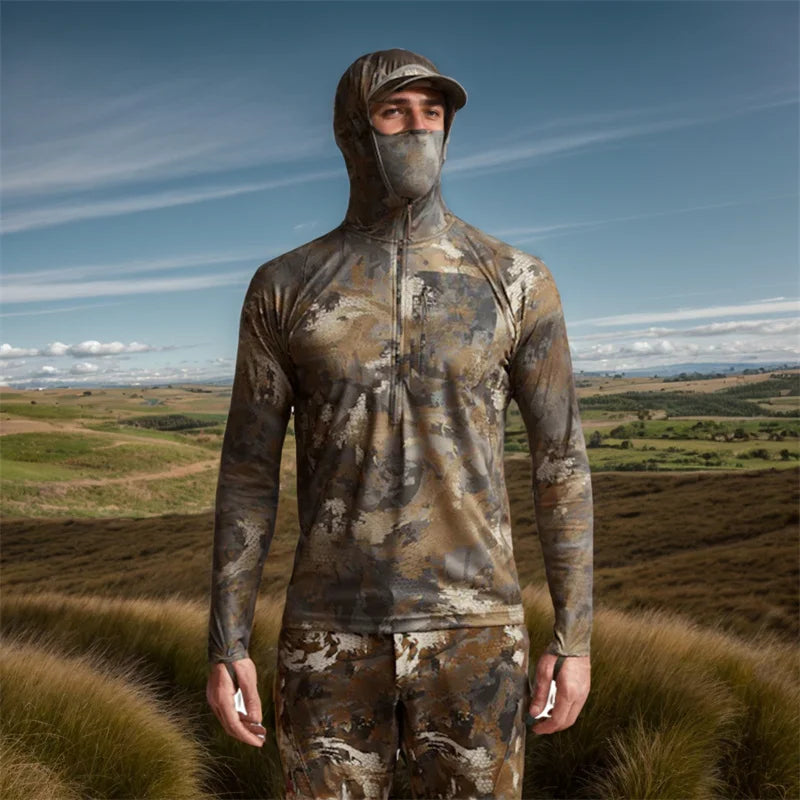 AINFAD Core Lightweight Hoodie - Technical Camouflage Base Layer with Integrated Face Mask for Hunting