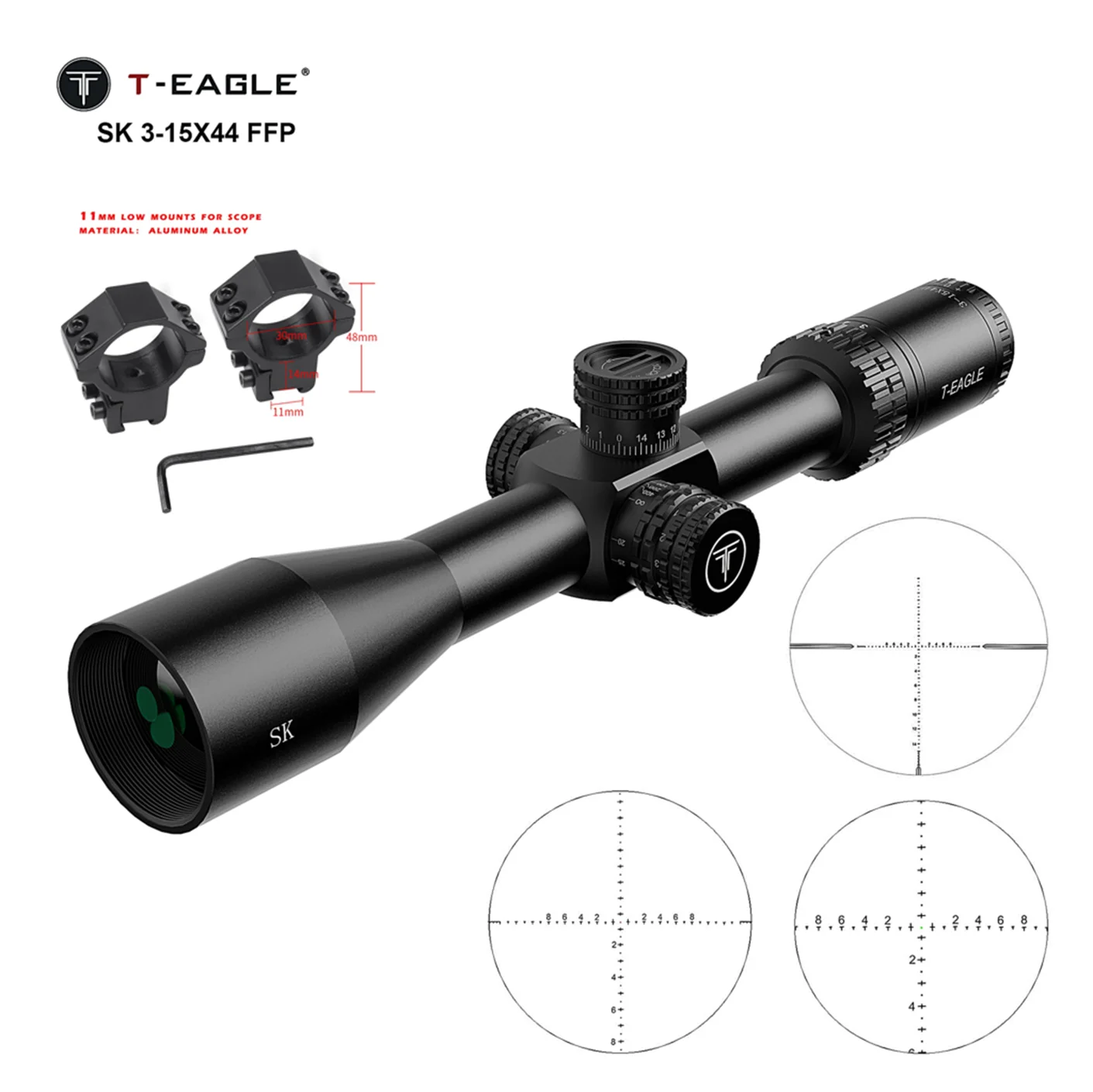 T-EAGLE SK 3-15×44 FFP Tactical Rifle Scope - First Focal Plane Illuminated Optic for Long Range Hunting