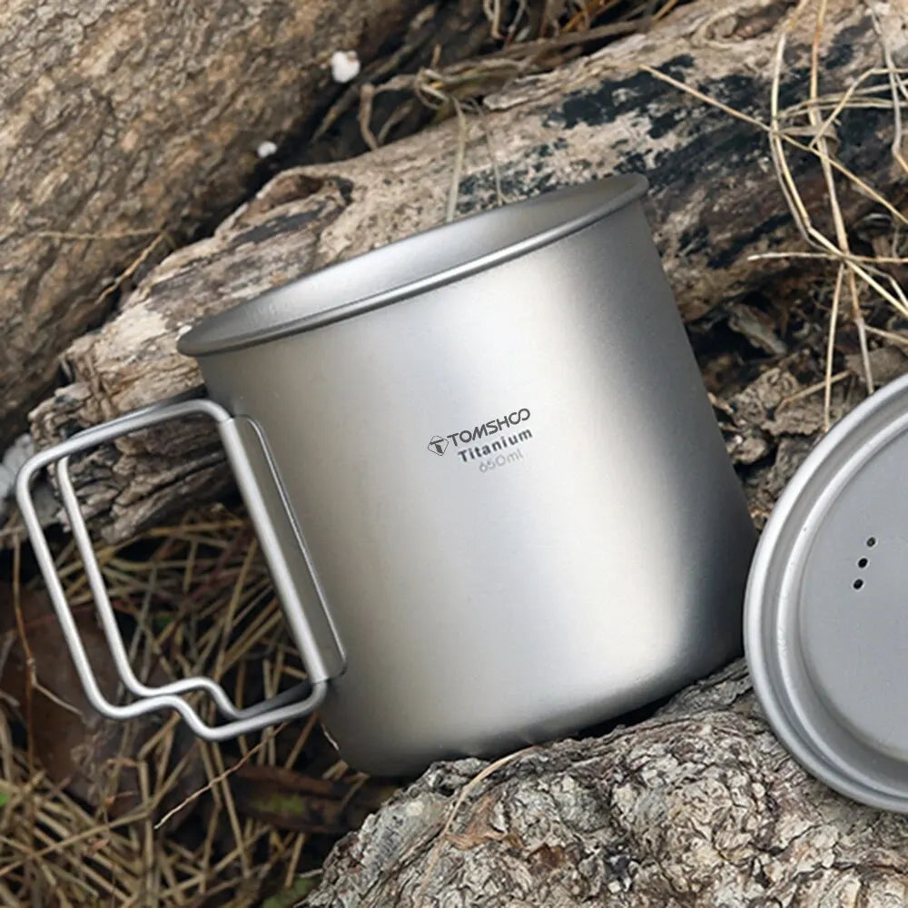 TOMSHOO Ultralight Titanium Cup Set – 2-Piece 450ml & 750ml Camping Mugs with Foldable Handles