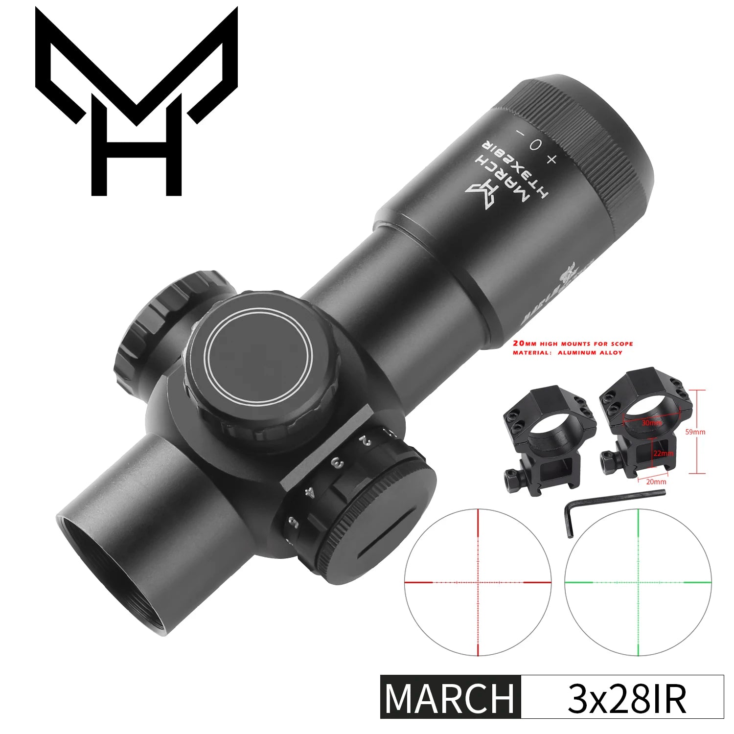 MARCH H3×28 IR Fixed Rifle Scope - Compact Illuminated Optic with Mounts for CQB & Hunting