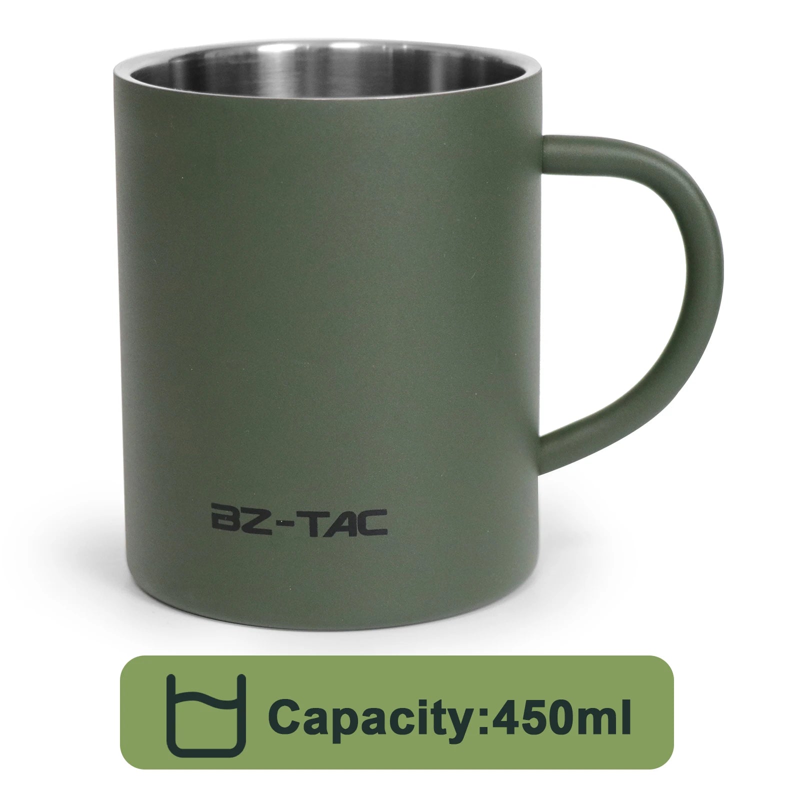 BZTAC Double Wall Stainless Steel Mug – 300/450ml Army Green Camping Cup with Handle