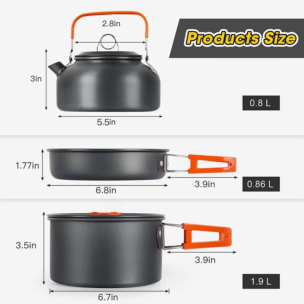 Camping Cookware Set – Non-Stick Pots, Pan & Teapot for 2-3 People, Assorted Set for Hunting