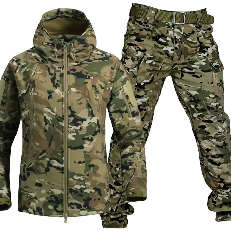 Men's Tactical Soft Shell Winter Hunting Set - Windproof Velvet-Lined Two-Piece Outdoor Suit