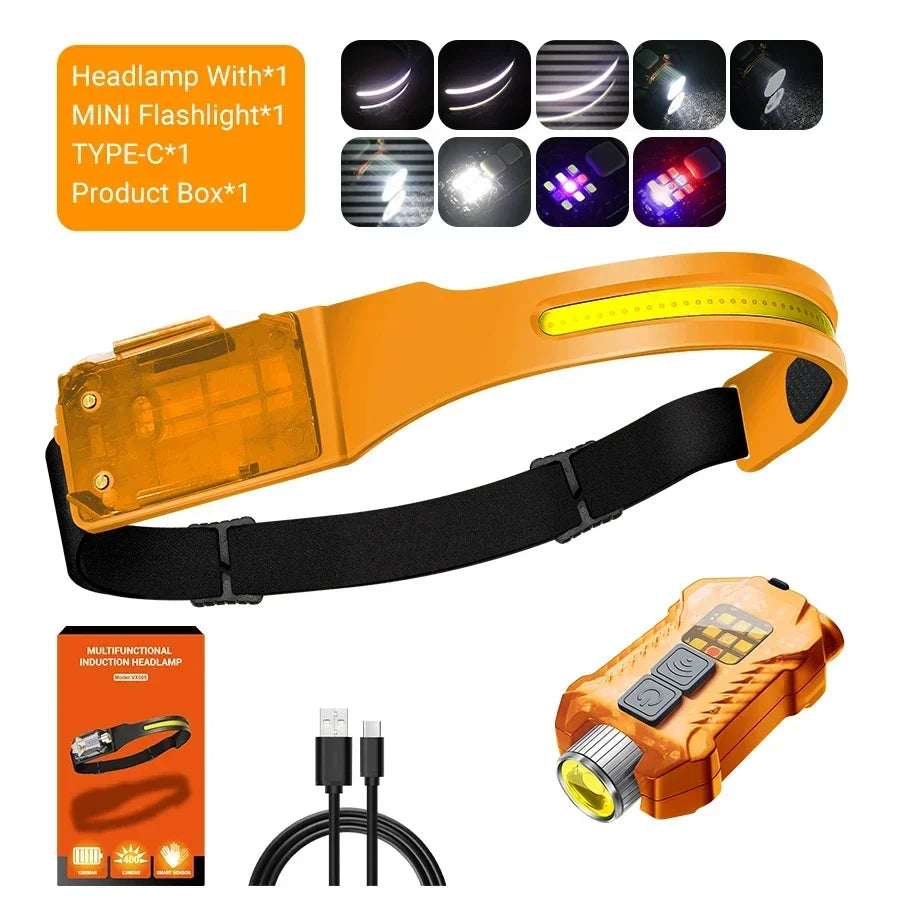 KDULIT COB LED Sensor Headlamp – USB Rechargeable 1200mAh 5-Mode Waterproof Flashlight