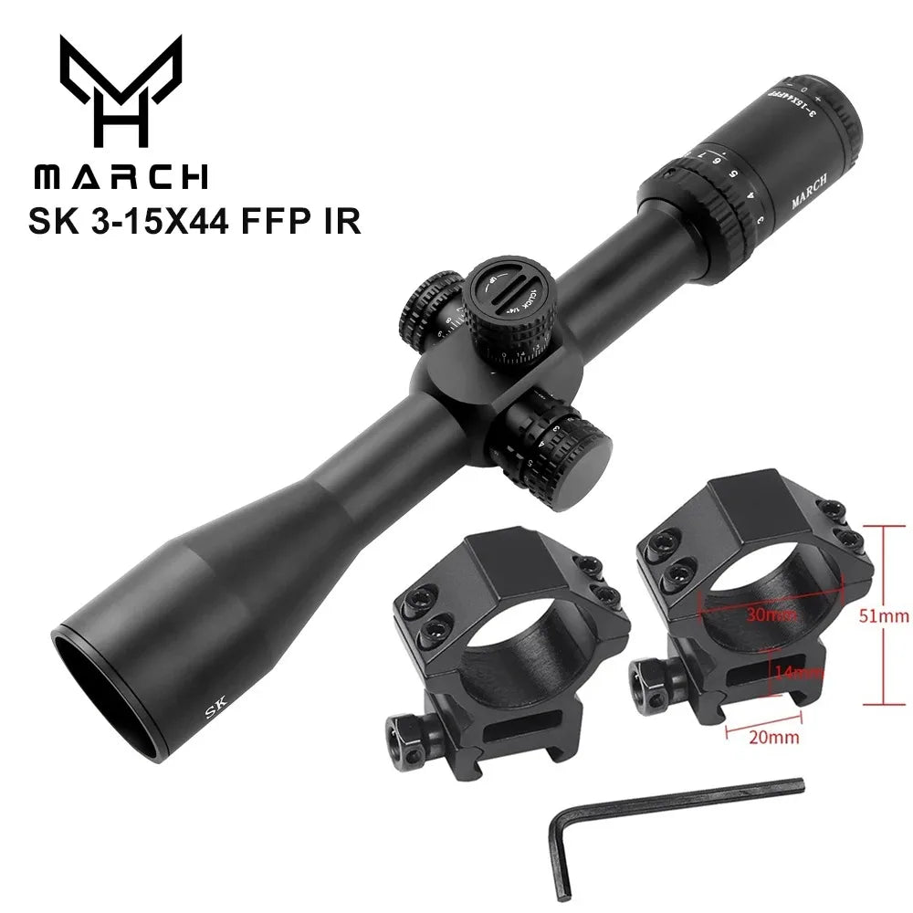 MARCH SK 3-15×44 FFP Tactical Rifle Scope - First Focal Plane Illuminated Optic for Long Range Hunting