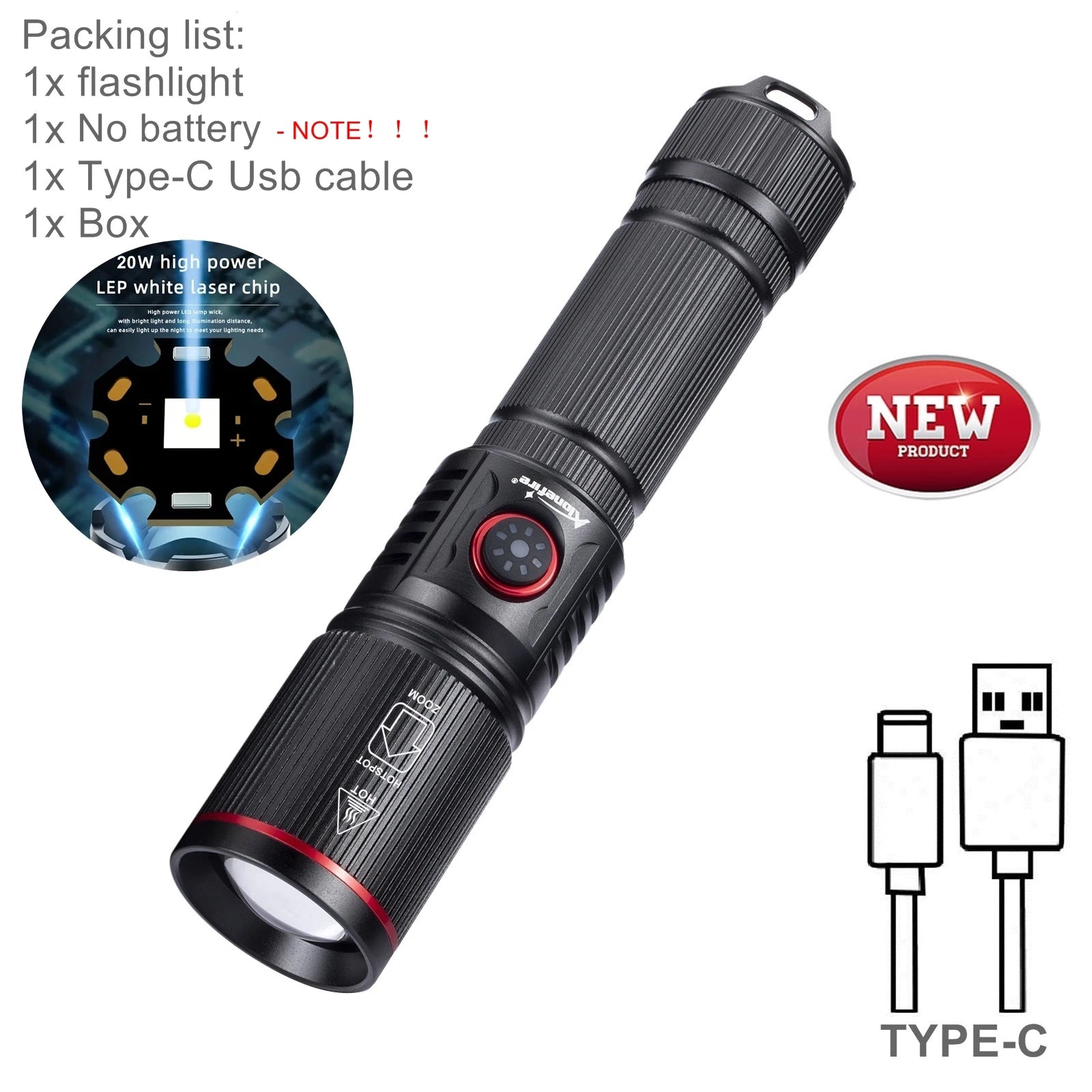 ALONEFIRE 20W Zoom LED Flashlight – USB Rechargeable High-Power Torch