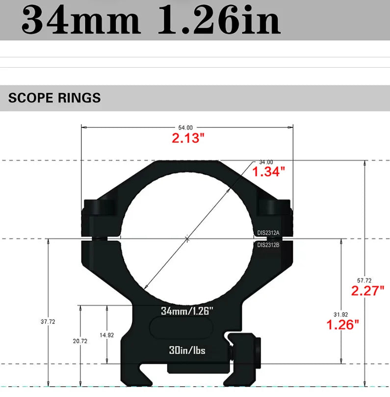 DISCOVERYOPT 7075 Series Aluminium Scope Rings - Medium Profile 34mm Mount for Picatinny Rail