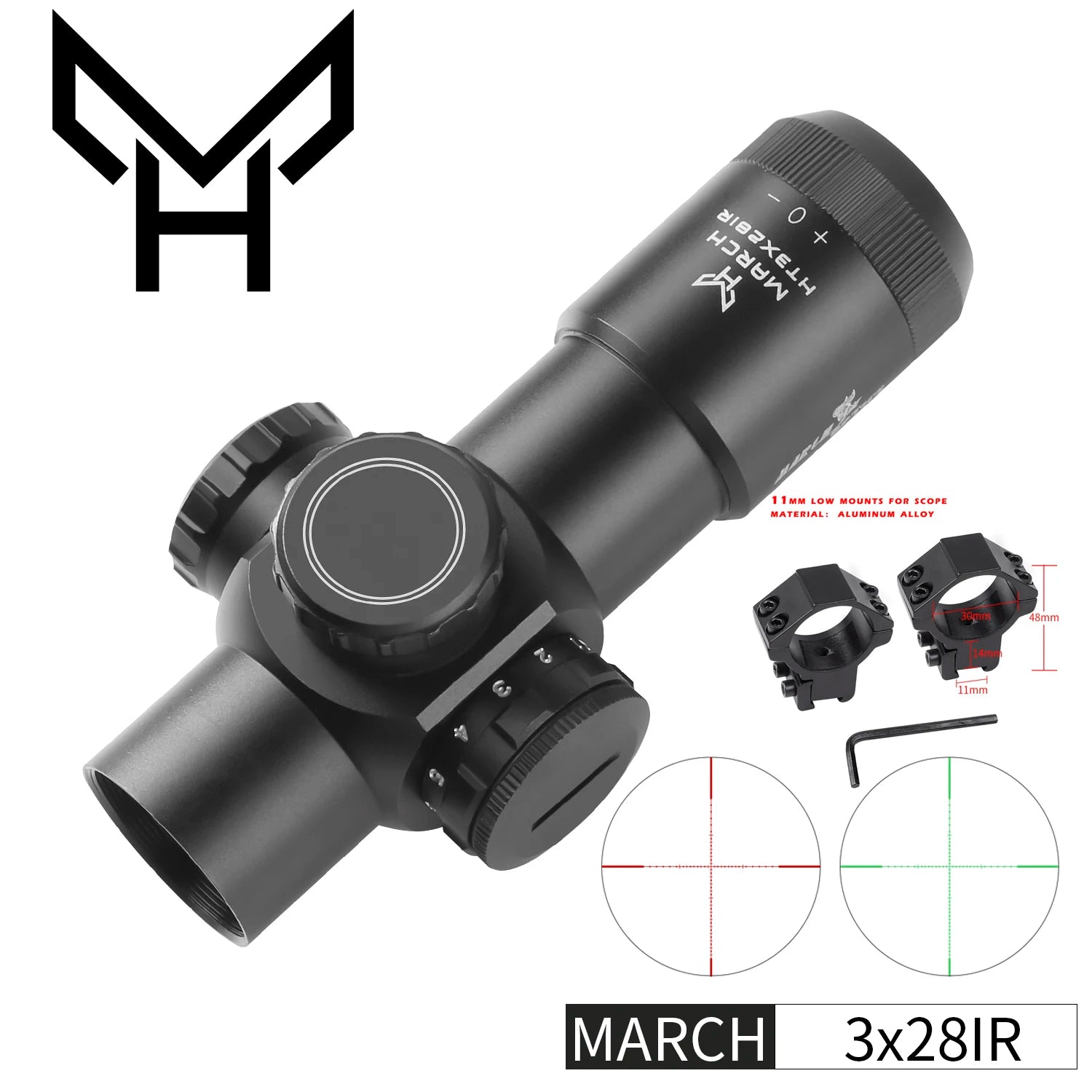 MARCH H3×28 IR Fixed Rifle Scope - Compact Illuminated Optic with Mounts for CQB & Hunting