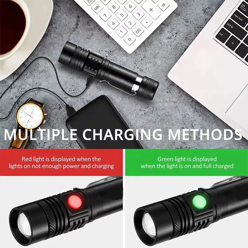 High-Power Zoomable LED Flashlight – Waterproof Rechargeable Camping Torch, 4 Lighting Modes