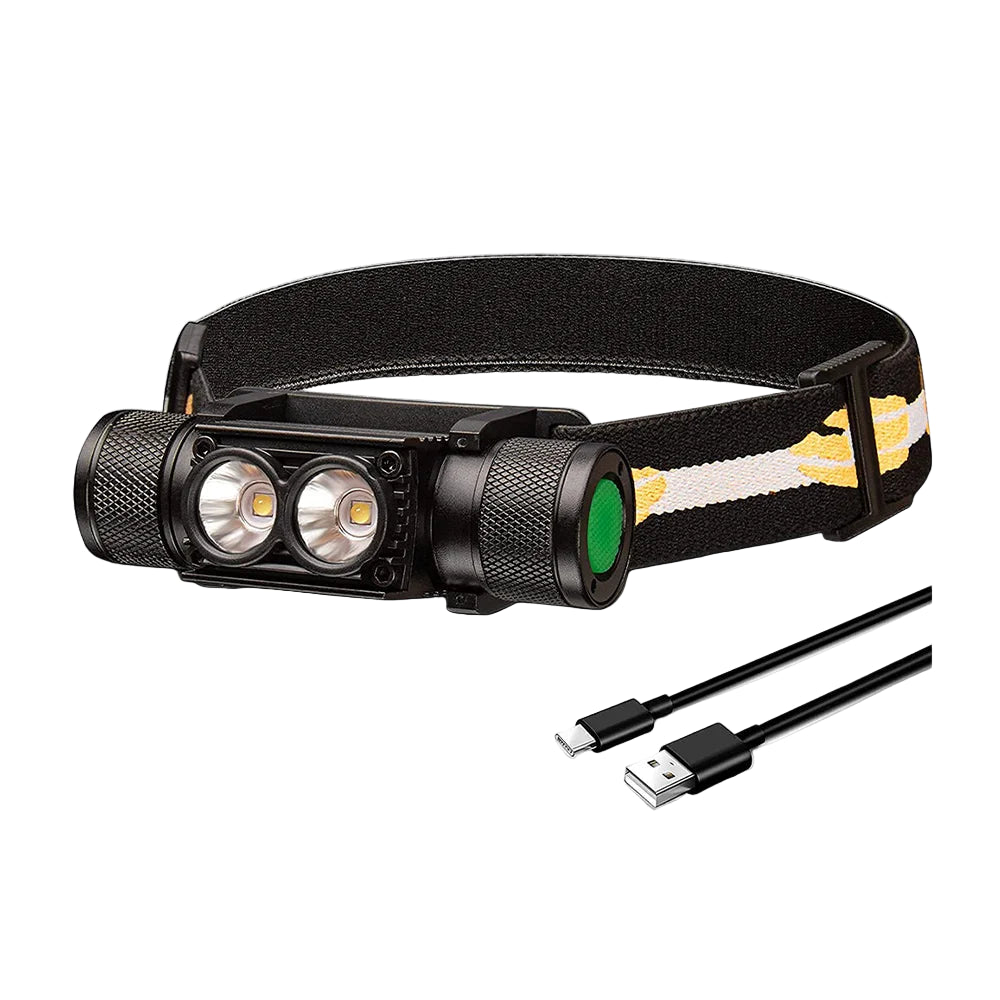 Headlamp with USB cable and charging details on a red background