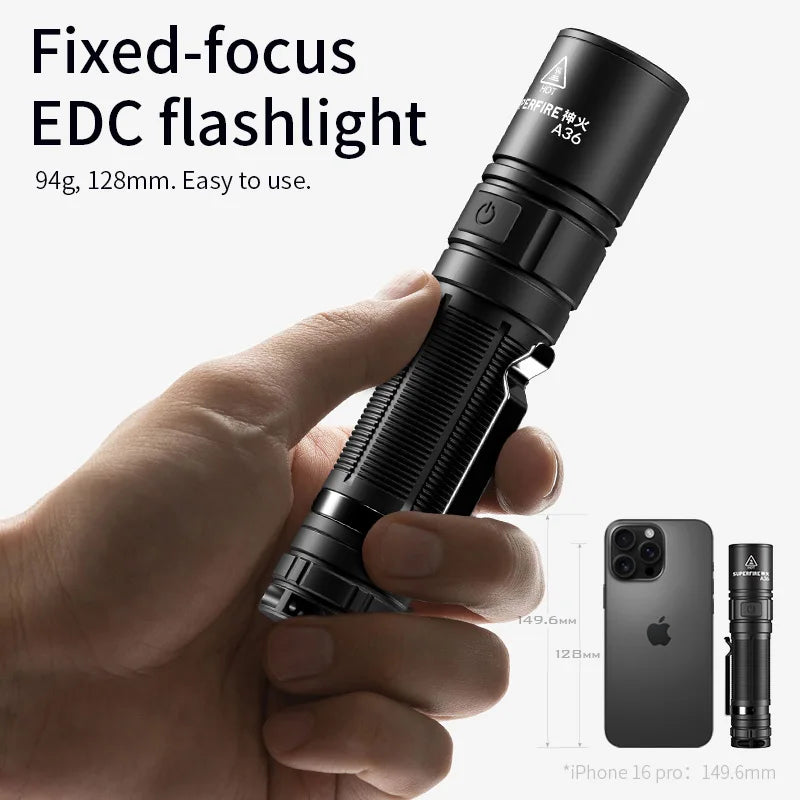 SUPERFIRE A36 LED Flashlight – 12W Rechargeable Torch with Magnetic Tail & Type-C Charging