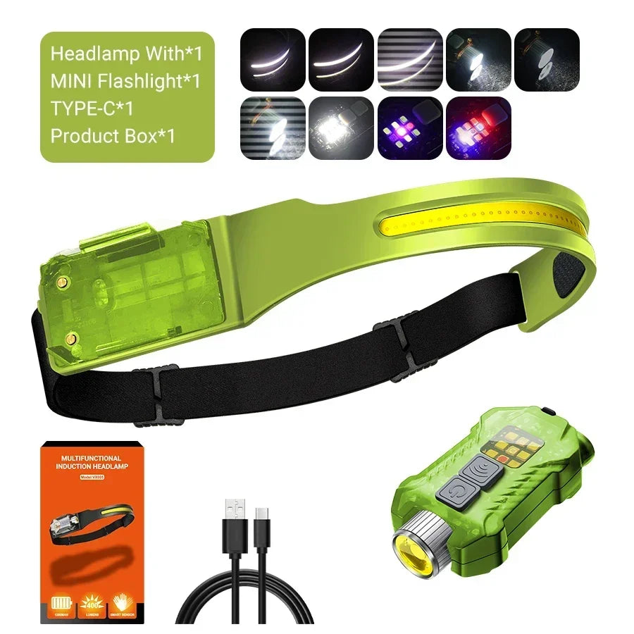 KDULIT COB LED Sensor Headlamp – USB Rechargeable 1200mAh 5-Mode Waterproof Flashlight