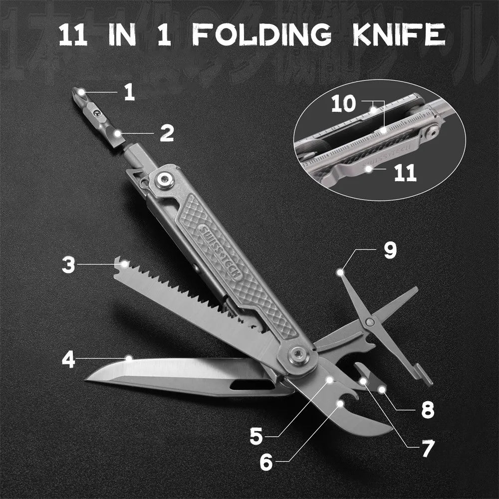 SWISS TECH 11-in-1 Stainless Steel Folding Multi Knife Compact Outdoor Pocket Tool