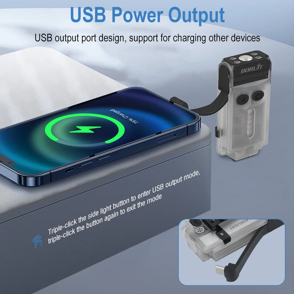 BORUIT V30 USB-C Flashlight 900lm UV Light Alarm Magnetic EDC Torch with Clip