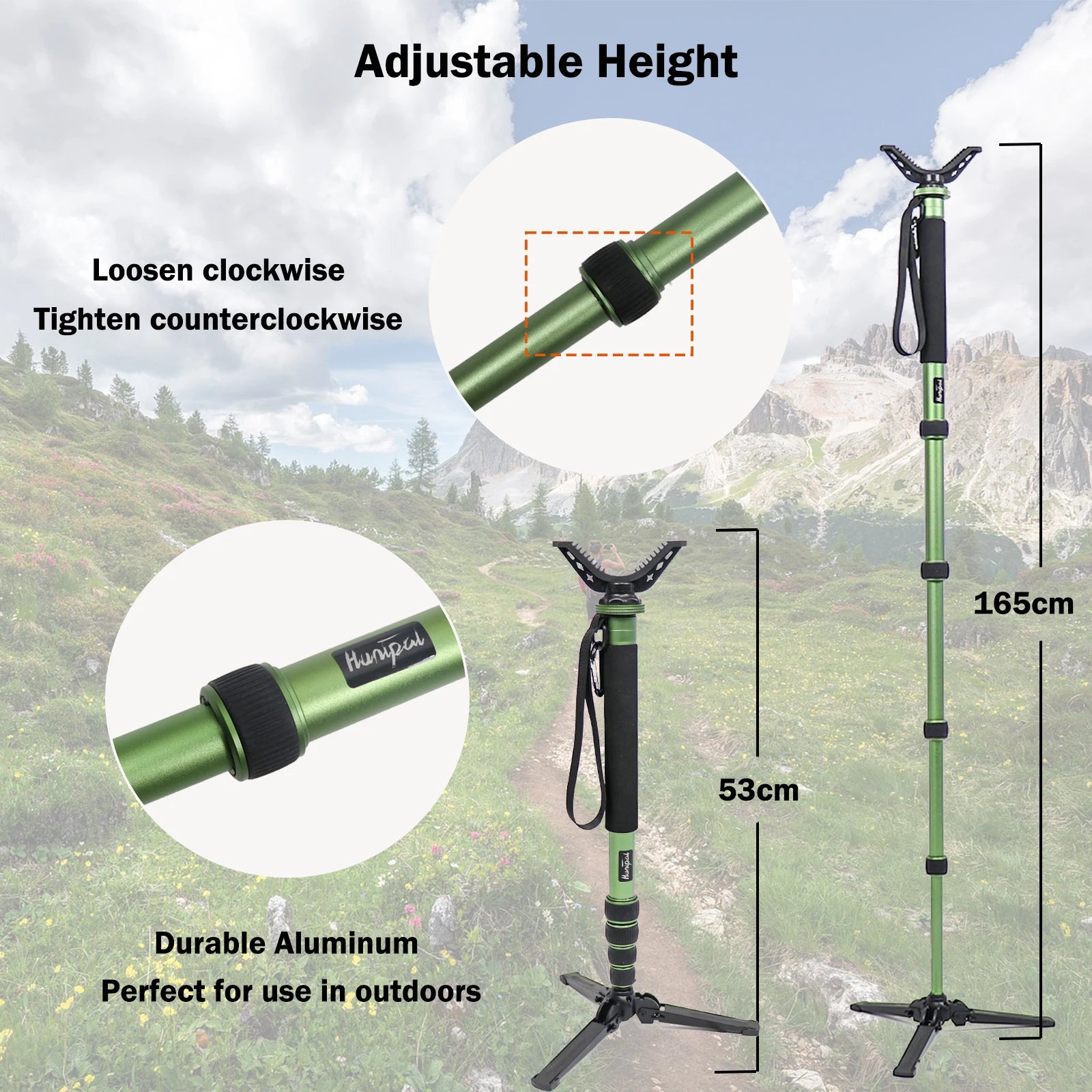 HUNTPAL Adjustable Aluminium Hunting Monopod – V Yoke Shooting Stick with Tripod Base