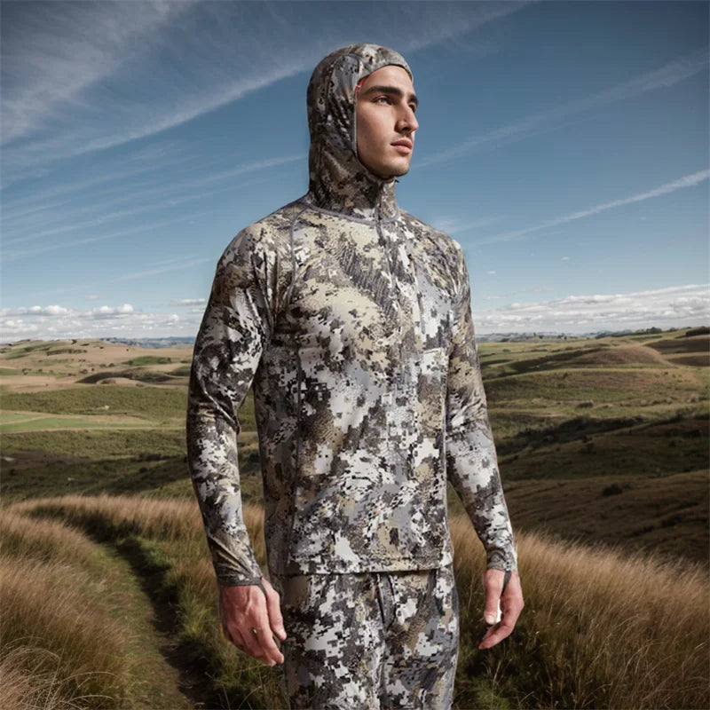 AINFAD Core Lightweight Hoodie - Technical Camouflage Base Layer with Integrated Face Mask for Hunting