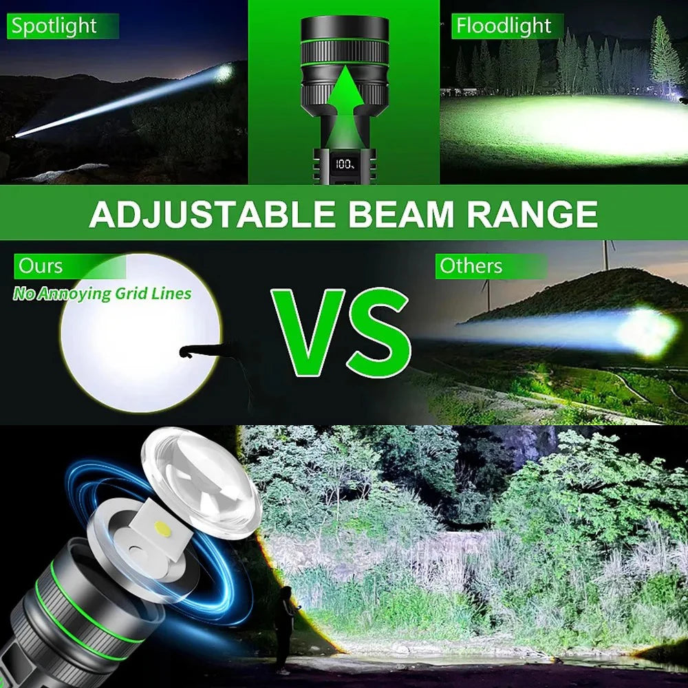 High-Power LED Flashlight - USB Rechargeable Tactical Torch, Long-Range Beam, Outdoors & Hunting