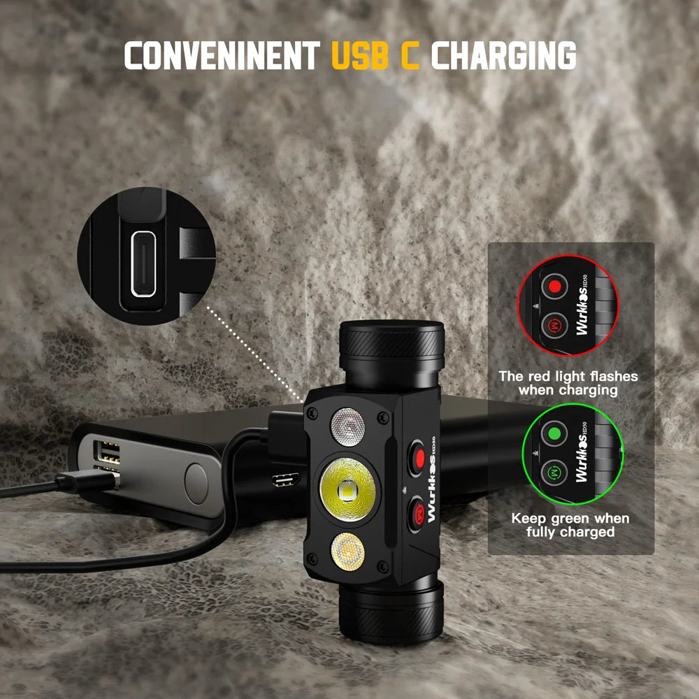 WURKKOS HD50 4000 Lumen USB-C Headlamp with White + Red Light and Magnetic Tail