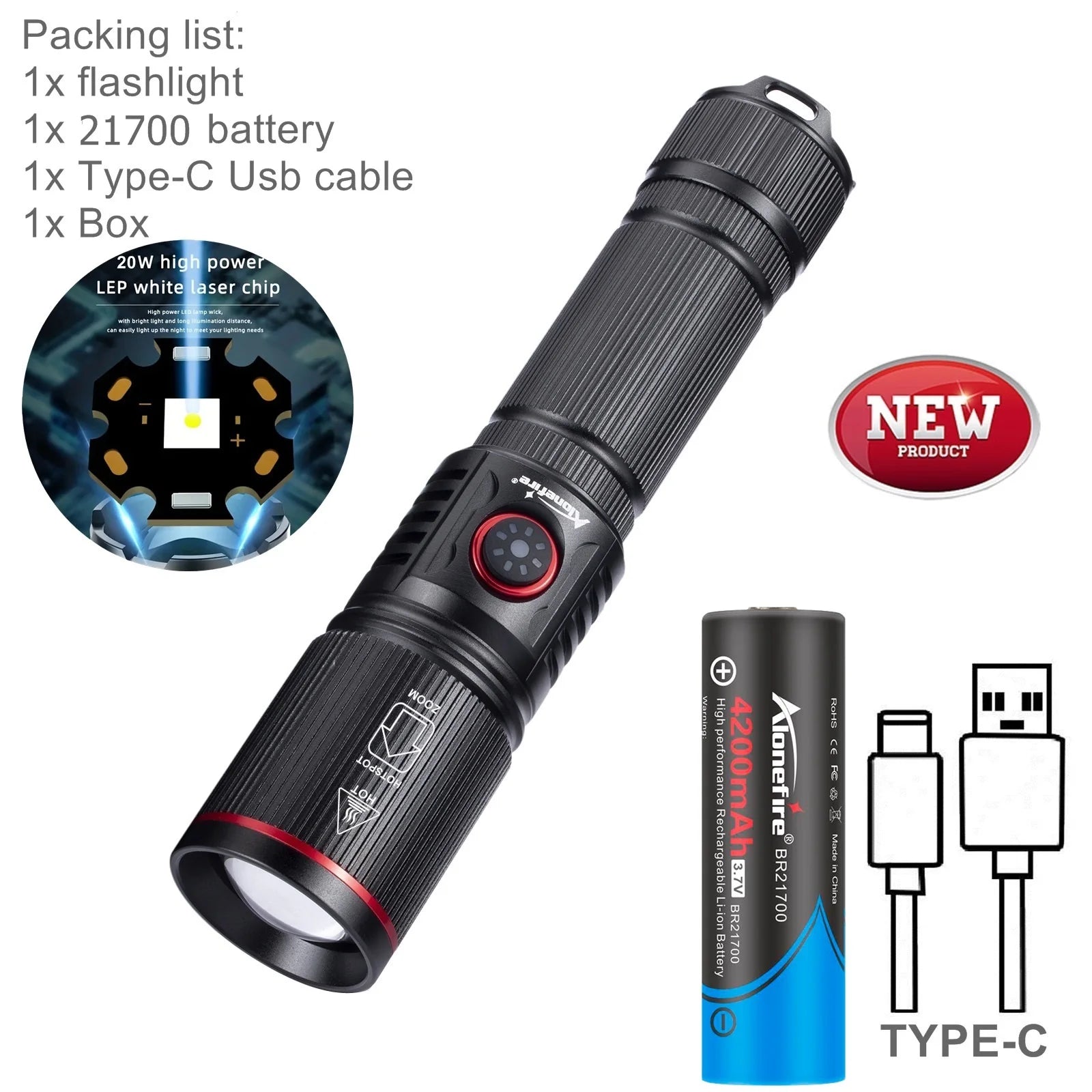 ALONEFIRE 20W Zoom LED Flashlight – USB Rechargeable High-Power Torch