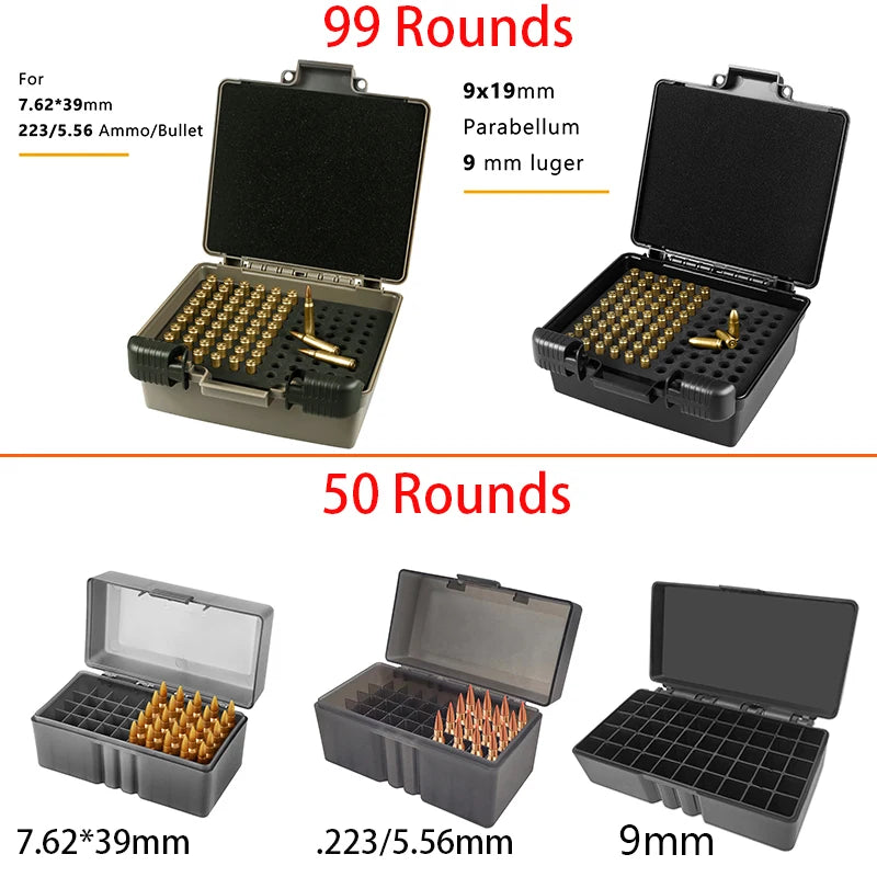 AIRSSON Bullet Box – 50/99 Round Ammo Storage Case for 9mm, .223/5.56mm, 7.62x39mm