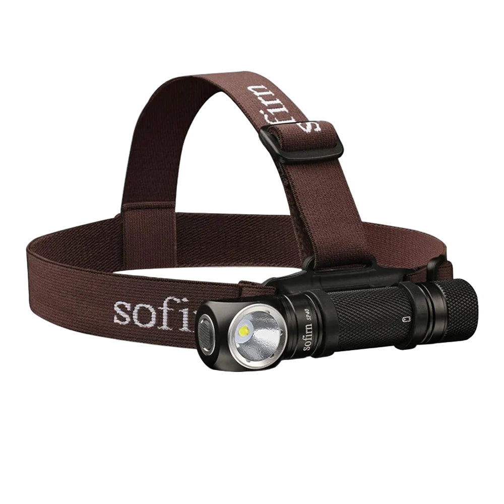 SOFIRN headlamp with brown strap on a white background