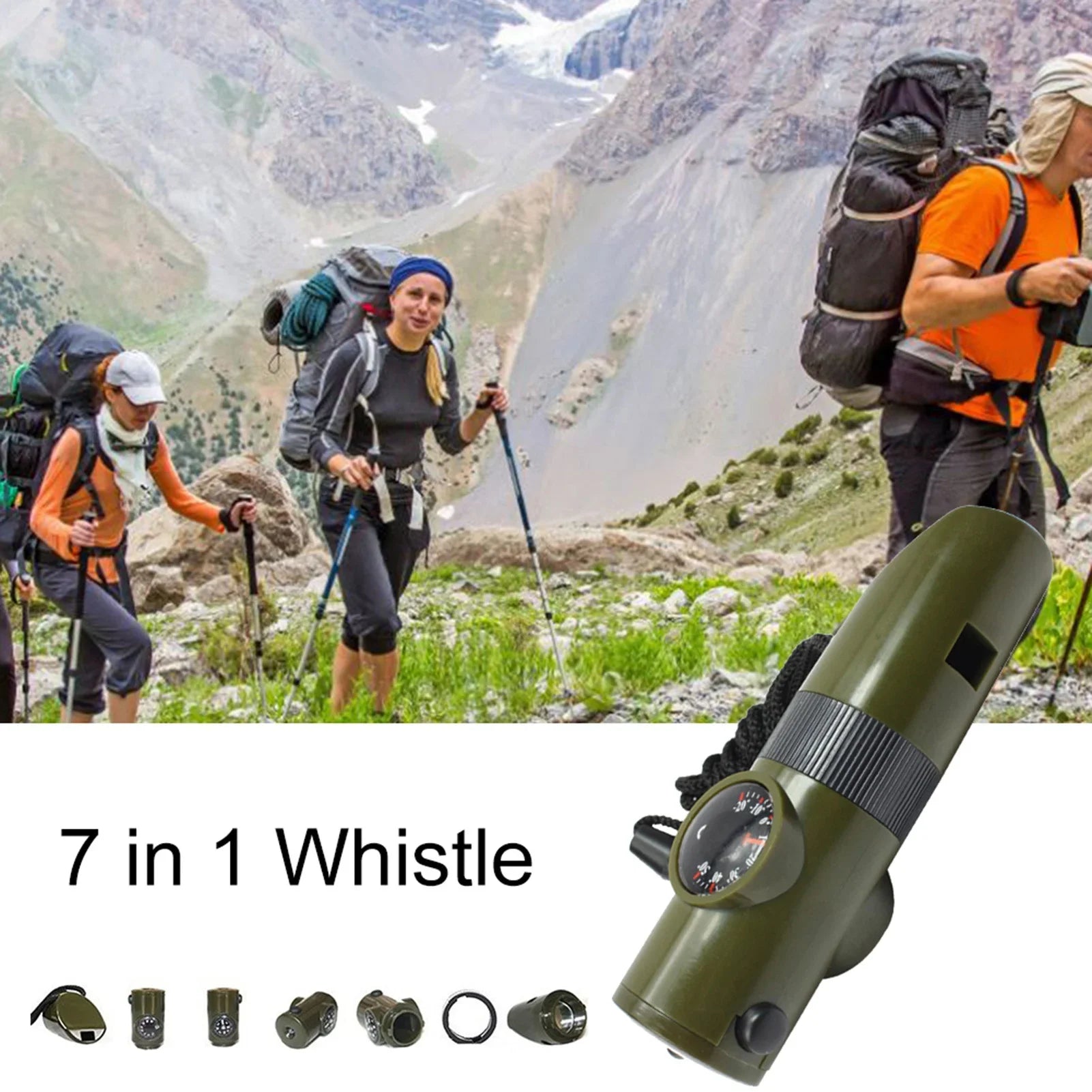 7-in-1 Survival Whistle – Bushcraft Trekking with Compass, Mirror, LED Light, Thermometer