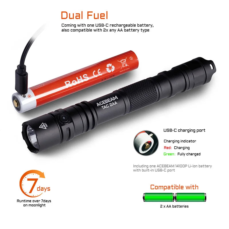 ACEBEAM TAC 2AA Rechargeable EDC Flashlight 1600LM