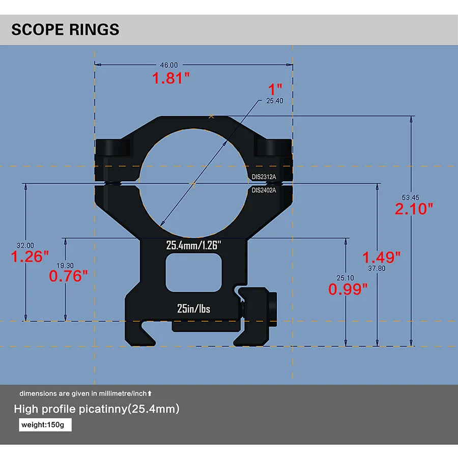 DISCOVERYOPT 7075 Series Aluminium Scope Rings - Medium Profile 34mm Mount for Picatinny Rail