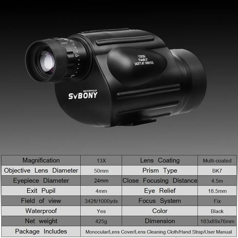 SVBONY SV49 Monocular 13X50 Waterproof for Travel and Hunting
