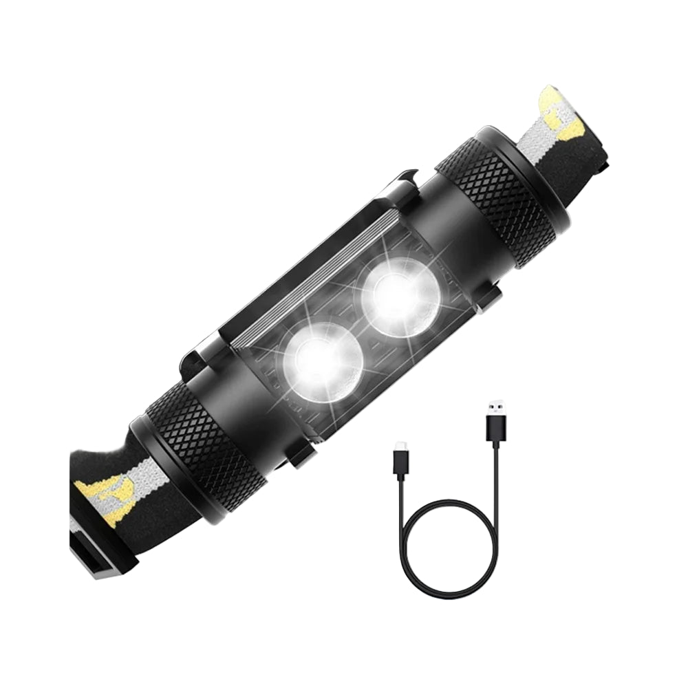 Black headlamp with two LED lights and USB cable on a white background, featuring the brand 'SOFIRN'.