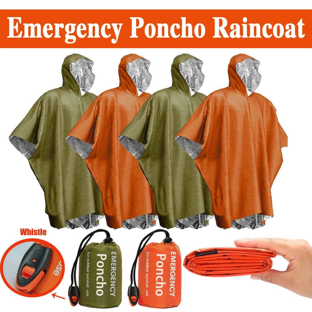 Emergency Thermal Rain Poncho with Survival Blanket for Camping and Outdoors