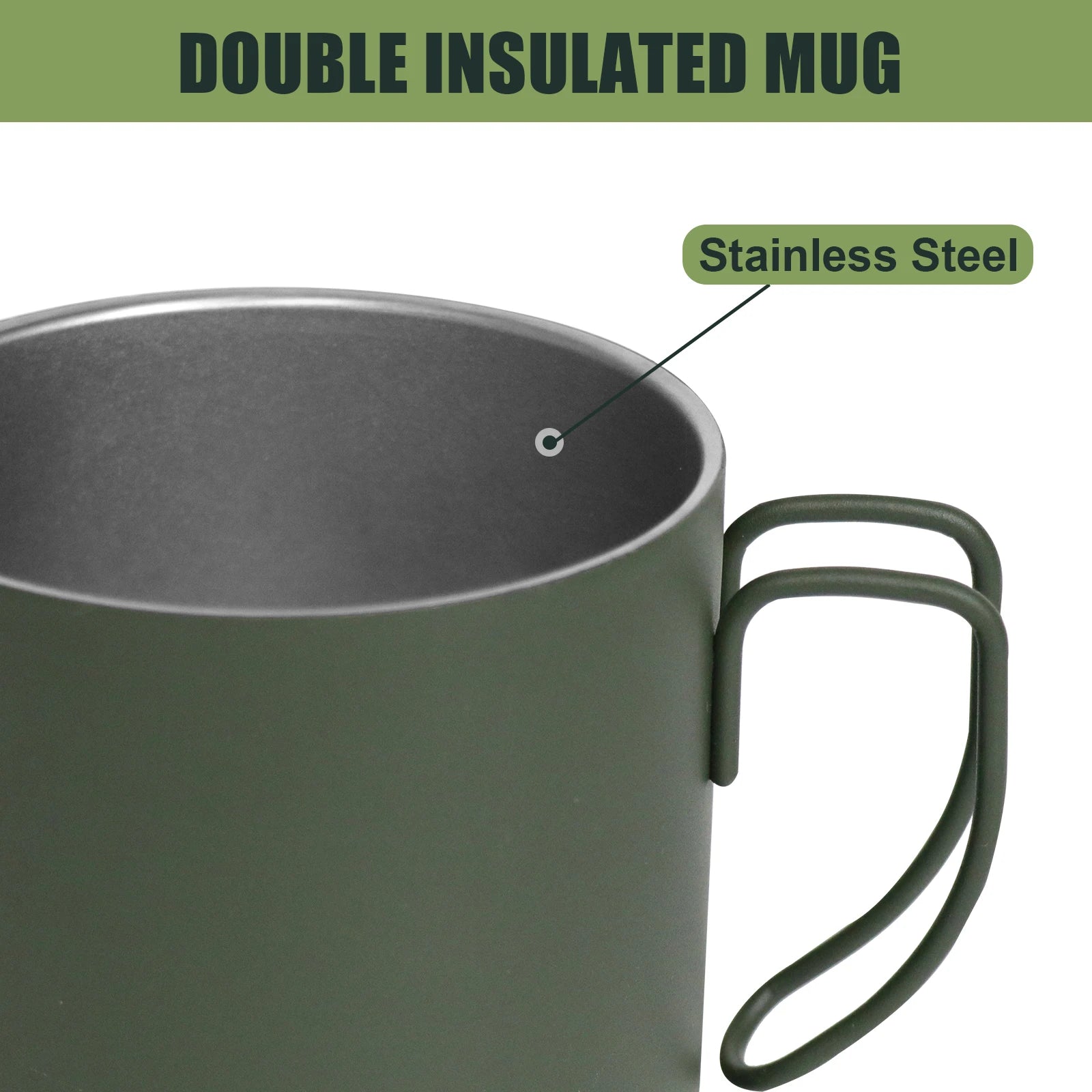 BZTAC Double Wall Coffee Mug – 350/500ml Matte Army Green Stainless Steel Cup for Outdoors