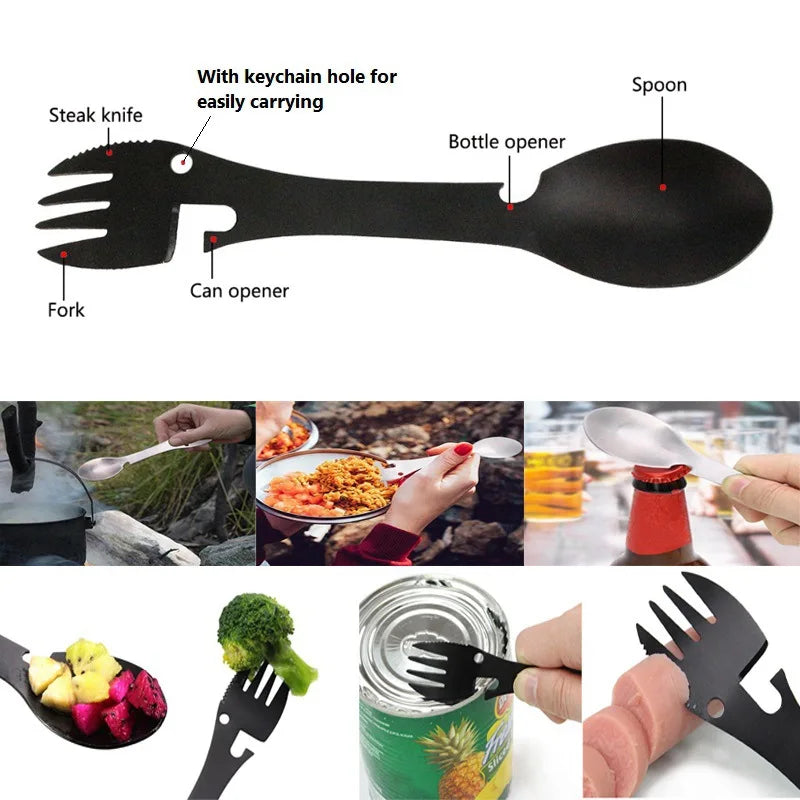 LISM 5-in-1 Camping Tableware Multi-Tool – Portable Stainless Steel Outdoor Eating Utensil