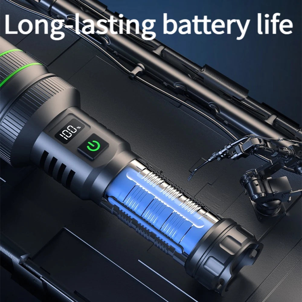 High-Power LED Flashlight - USB Rechargeable Tactical Torch, Long-Range Beam, Outdoors & Hunting