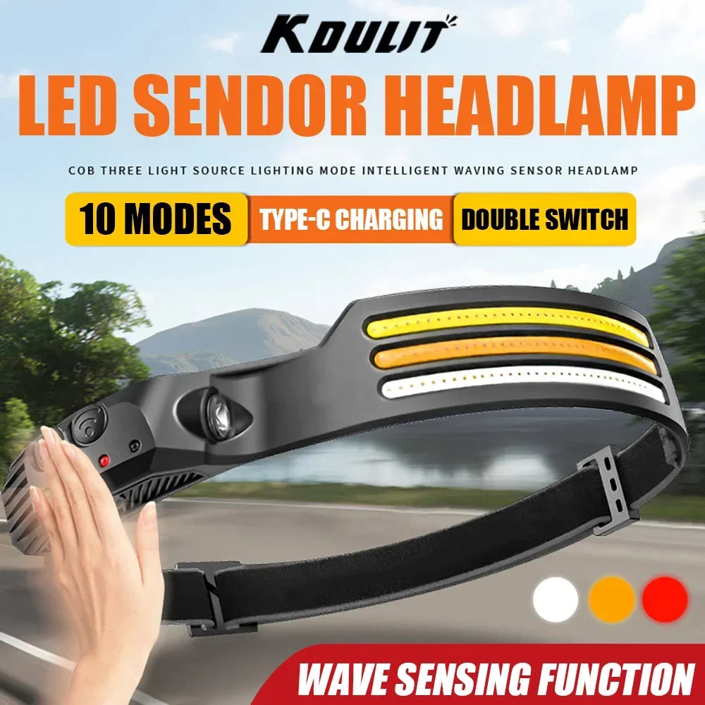 KDULIT 450LM Sensor LED Headlamp – USB Rechargeable Head Torch for Camping & Fishing