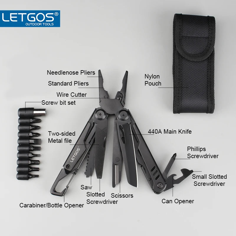 LETGOS 16-in-1 Camping Multi-Tool with Folding Pliers, Wire Stripper, and Portable Design