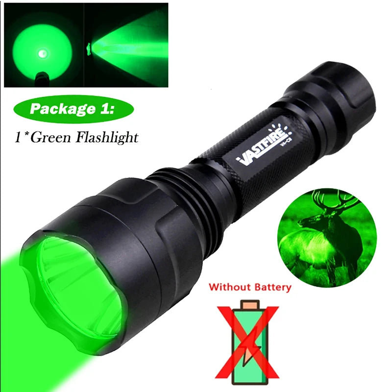 VASTFIRE C8 LED Hunting Flashlight - Multi-Color White/Green/Red Light with 18650 Battery for NZ Hunting