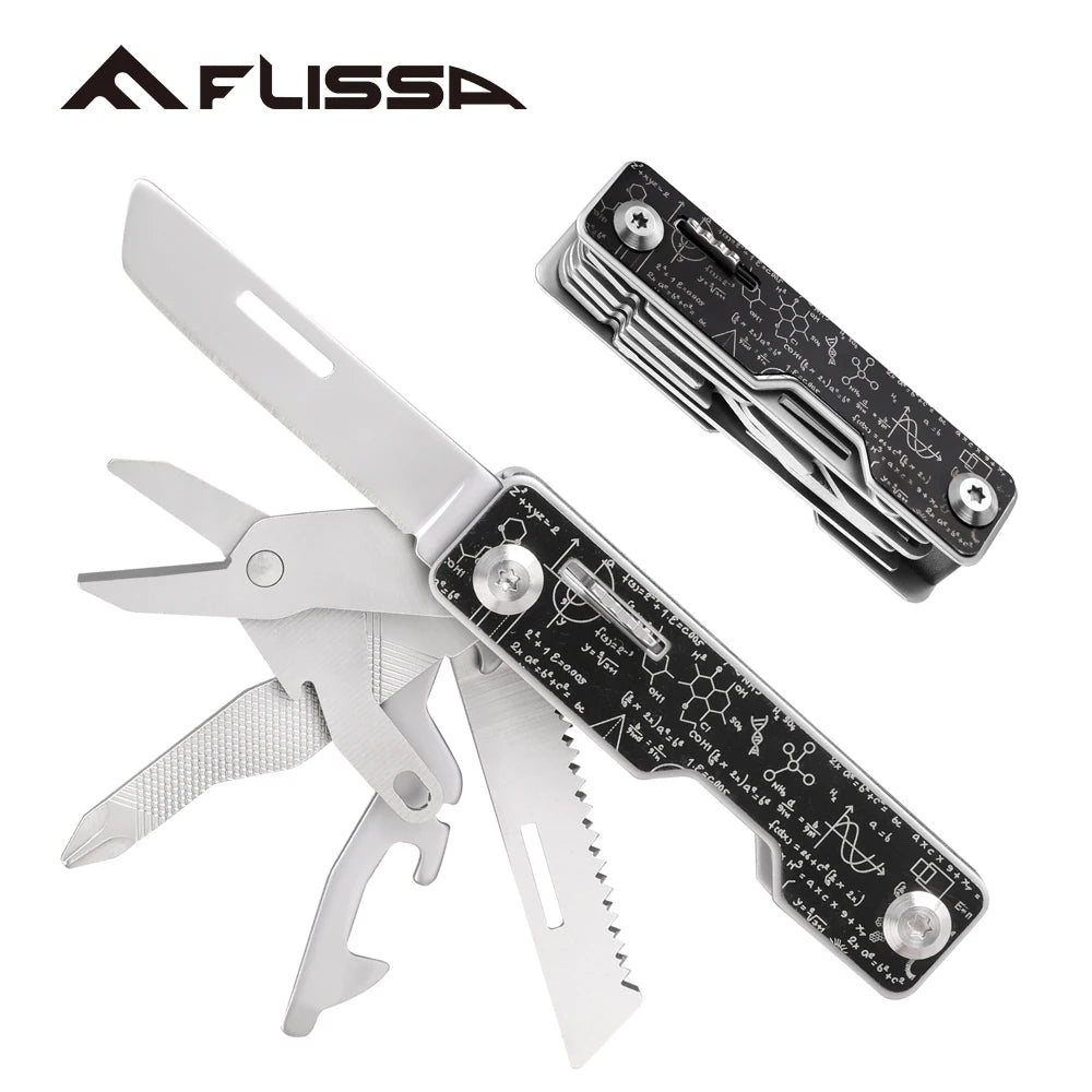 FLISSA 9-in-1 Stainless Steel Folding Multitool Knife Compact Pocket Tool for Camping