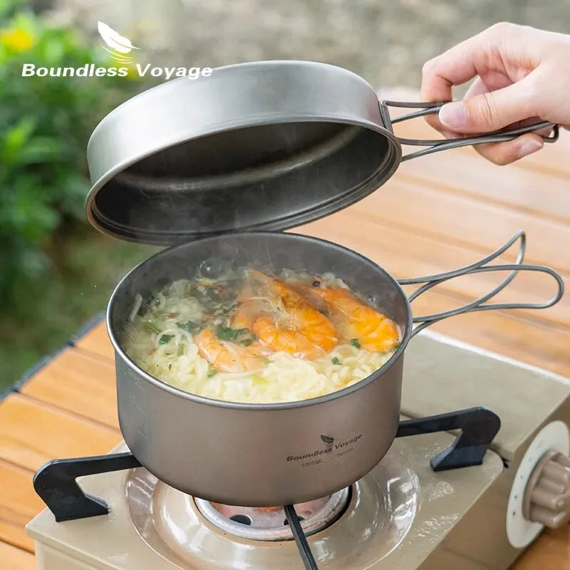 BOUNDLESS VOYAGE Titanium Pot & Pan Set – Lightweight Folding Handle Camping Cookware