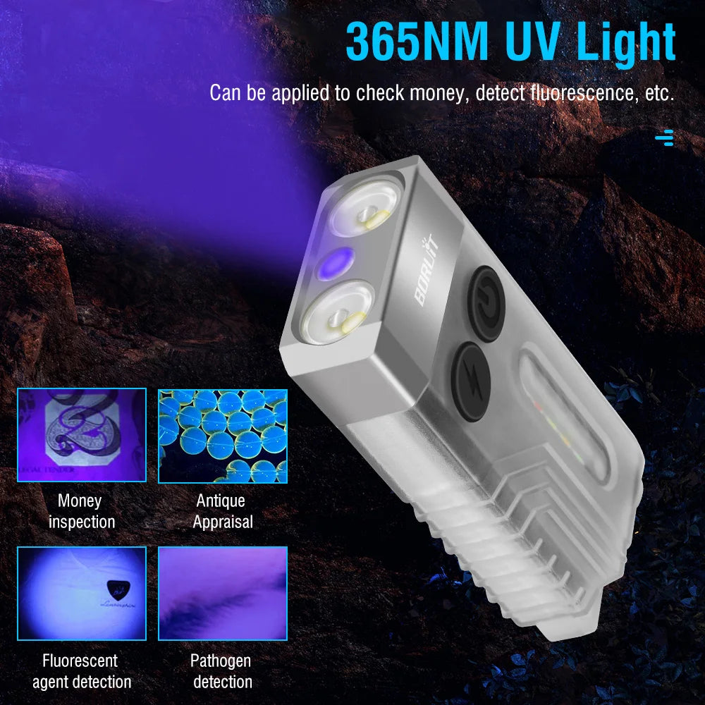 BORUIT V10 USB-C Rechargeable Keychain Flashlight 1000lm Mini Torch with UV and Magnet